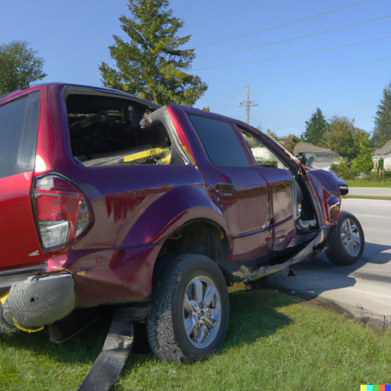 A Red SUV involved in a motor vehicle crash, realistic, live on the scene photograph, 8k,