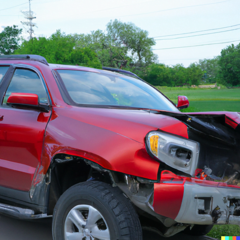- A Red SUV involved in a motor vehicle crash, realistic, live on the scene photograph, 8k,