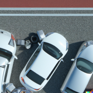 a detailed photograph of a multi car accident on the freeway, realistic, 8k, birds eye view