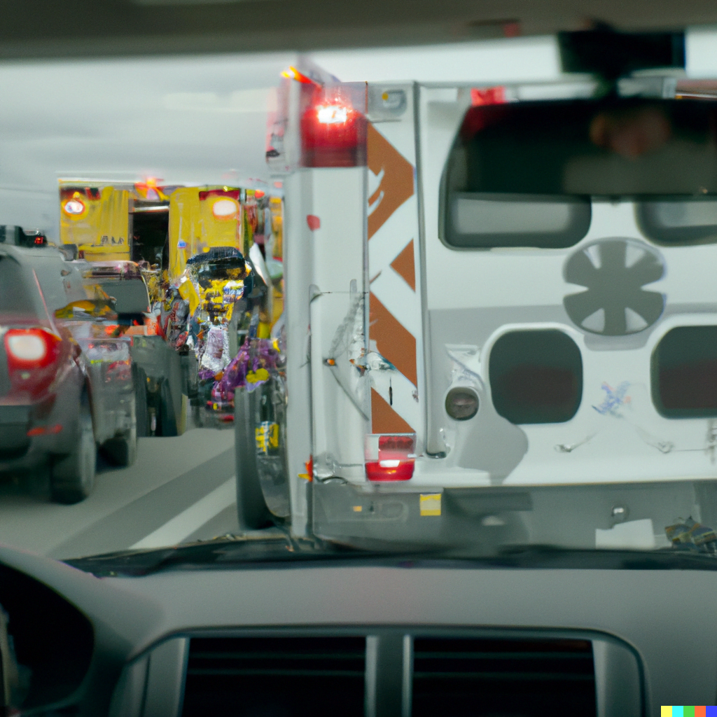 A detailed photograph of a multi-car accident on the freeway with first responders on the scene, realistic, 8K, from inside a car
