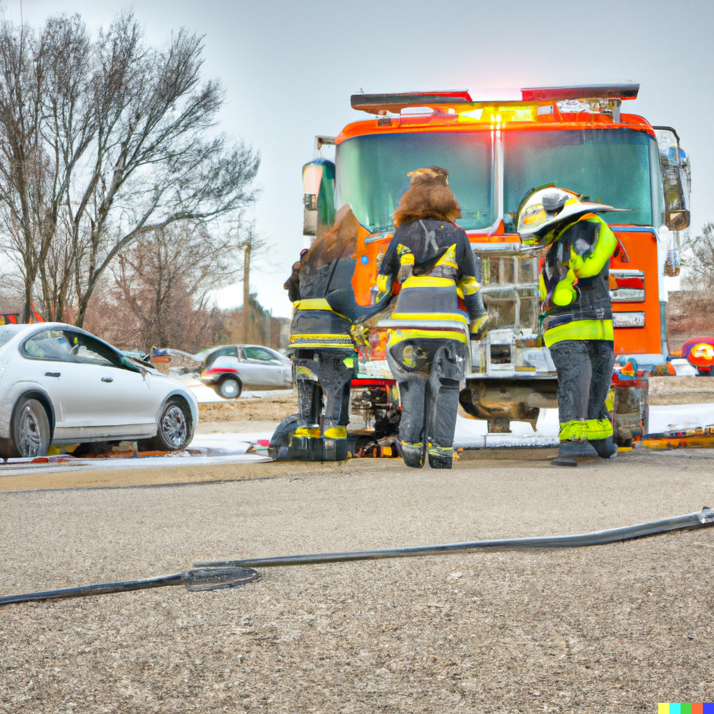 firefighters responding to a car accident, realistic, 8k hdr,
