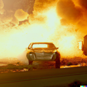 a photorealistic scene of a fiery car crash with first responders putting out the flames, 8k hd, life like
