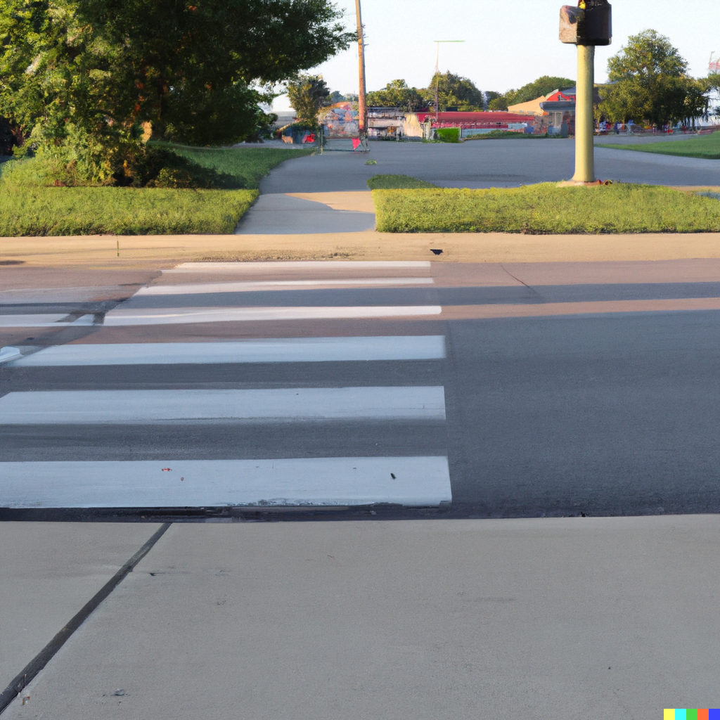 A detailed photo of a crosswalk in a beautiful neighborhood, captured in 4k for a realistic view