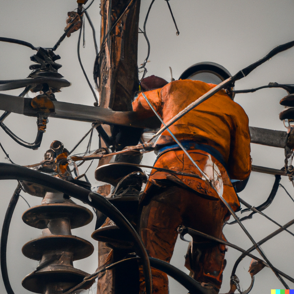 a photo of an electric worker from behind working on electircal lines