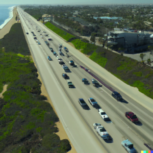 - a realistic aerial view of traffic on a freeway by a beach, realistic, 8k,