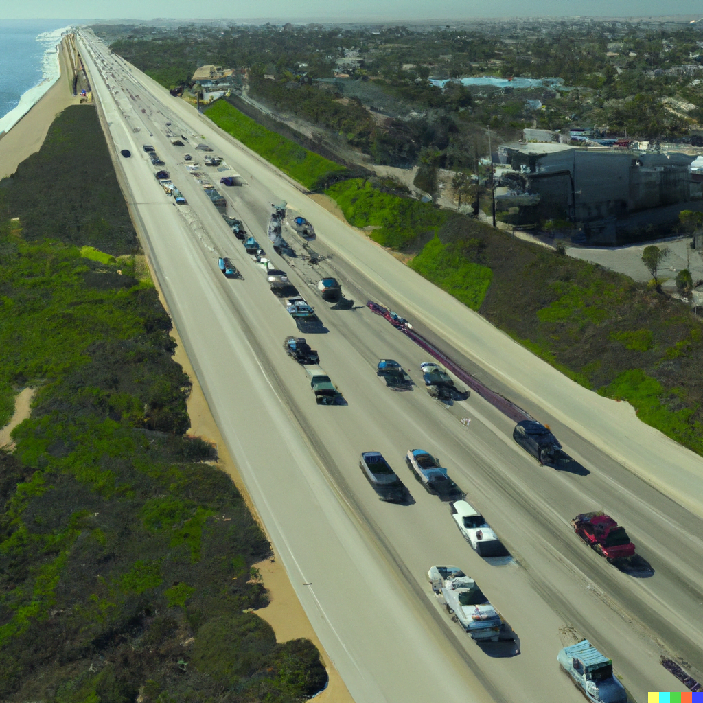 - a realistic aerial view of traffic on a freeway by a beach, realistic, 8k,