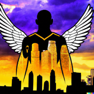 image of kobe bryant with angel wings from behind in dramatic lighting, illustration, stain glass, los angeles skyline